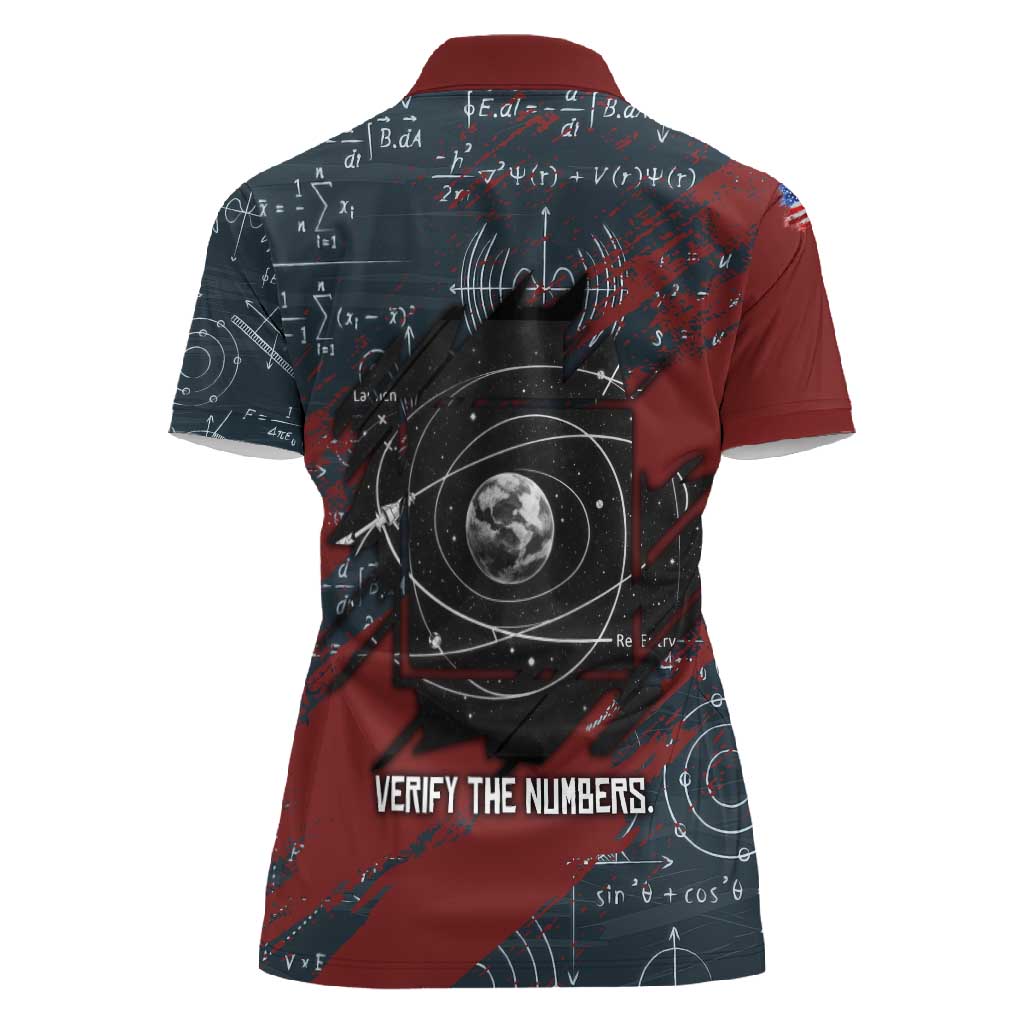 Katherine Johnson Women Polo Shirt with Chalkboard Math Scene, Verify the Numbers Quote and Space Orbit - African Pride