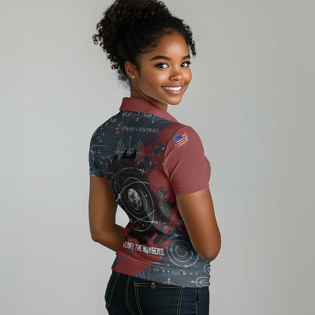 Katherine Johnson Women Polo Shirt with Chalkboard Math Scene, Verify the Numbers Quote and Space Orbit - African Pride