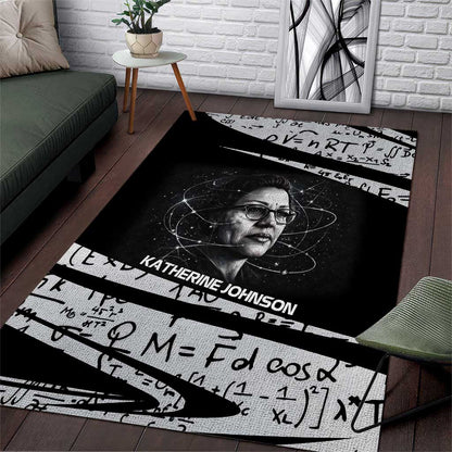 Katherine Johnson Area Rug with Orbital Space Portrait, Historic NASA Launch Dates and Physics - African Pride