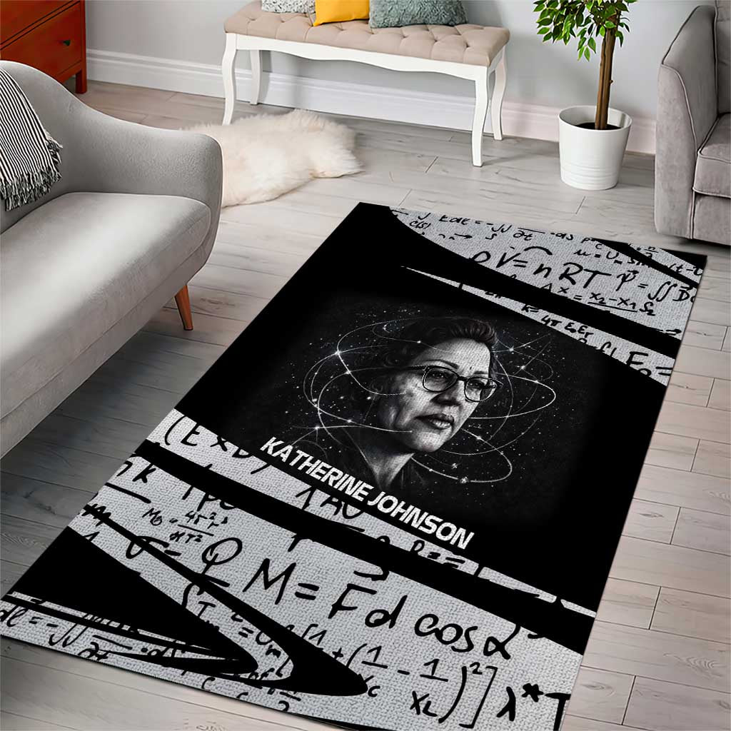 Katherine Johnson Area Rug with Orbital Space Portrait, Historic NASA Launch Dates and Physics - African Pride