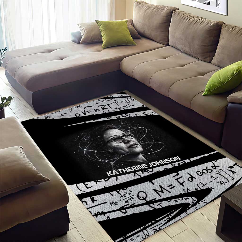 Katherine Johnson Area Rug with Orbital Space Portrait, Historic NASA Launch Dates and Physics - African Pride