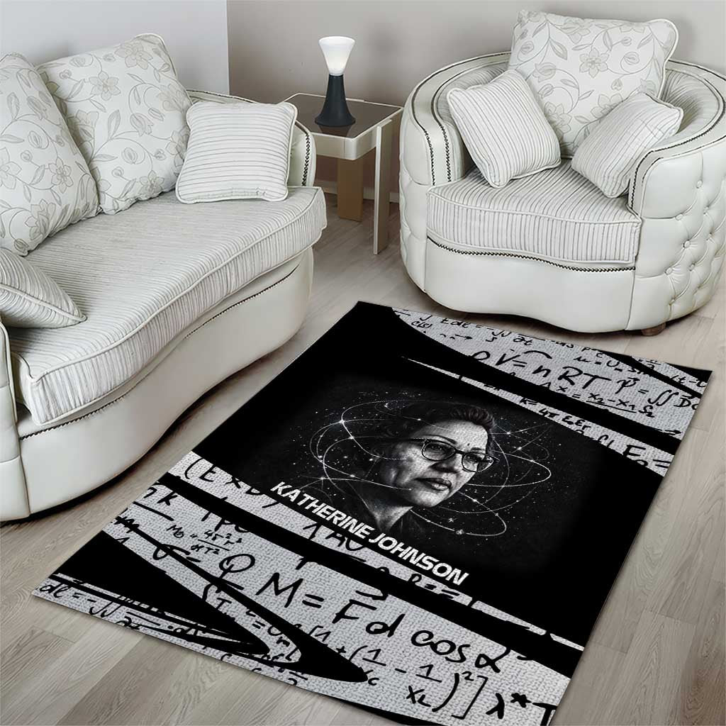Katherine Johnson Area Rug with Orbital Space Portrait, Historic NASA Launch Dates and Physics - African Pride