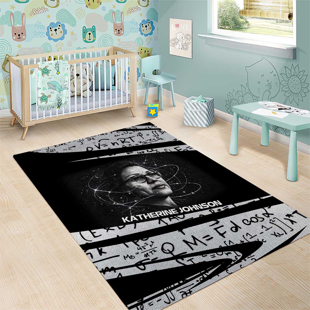 Katherine Johnson Area Rug with Orbital Space Portrait, Historic NASA Launch Dates and Physics - African Pride