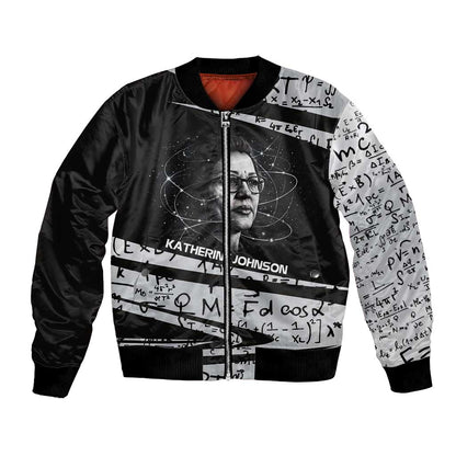 Katherine Johnson Bomber Jacket with Orbital Space Portrait, Historic NASA Launch Dates and Physics - African Pride