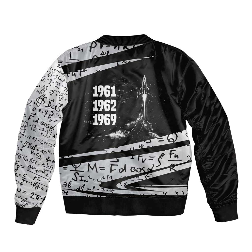 Katherine Johnson Bomber Jacket with Orbital Space Portrait, Historic NASA Launch Dates and Physics - African Pride