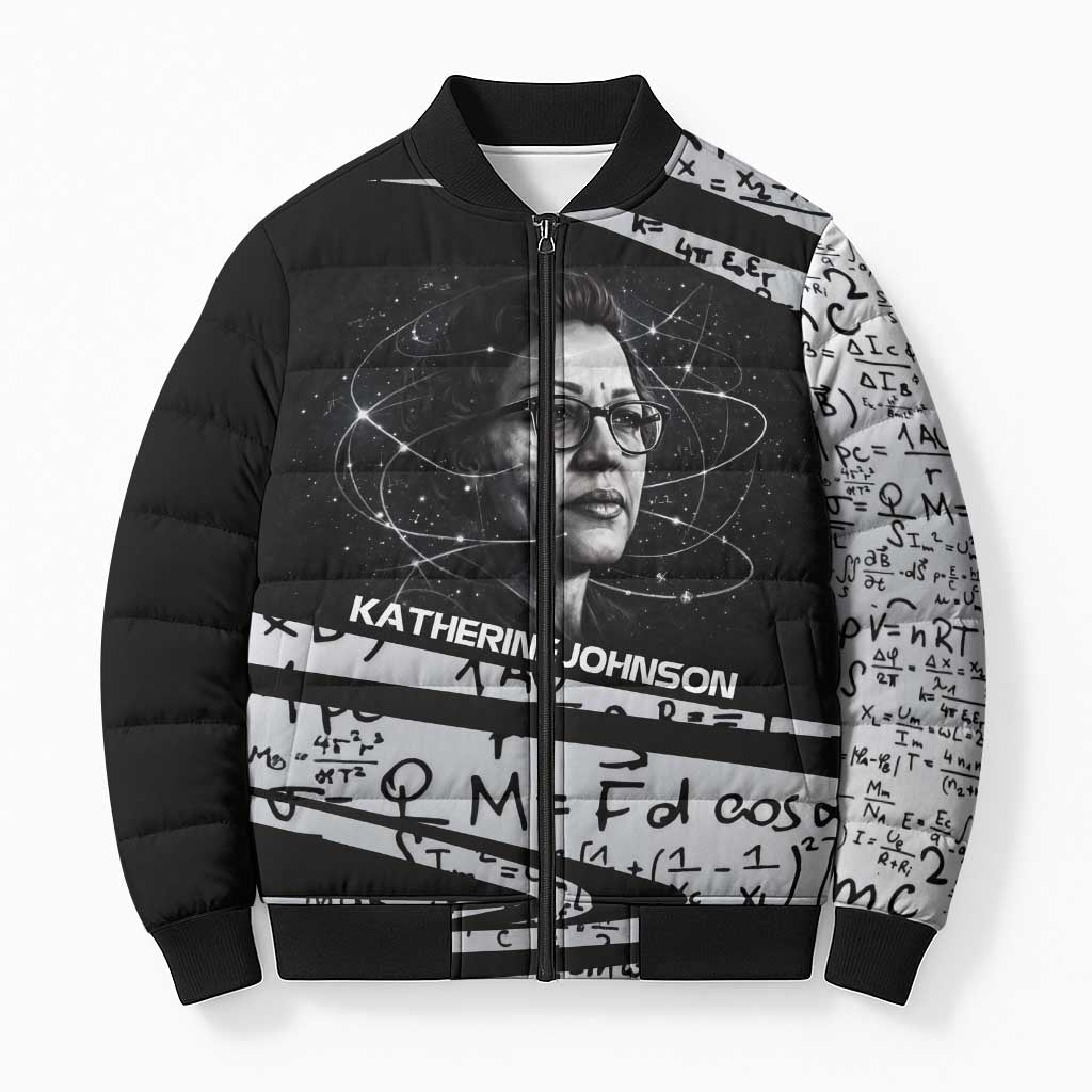 Katherine Johnson Bomber Puffer Jacket with Orbital Space Portrait, Historic NASA Launch Dates and Physics - African Pride