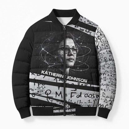 Katherine Johnson Bomber Puffer Jacket with Orbital Space Portrait, Historic NASA Launch Dates and Physics - African Pride