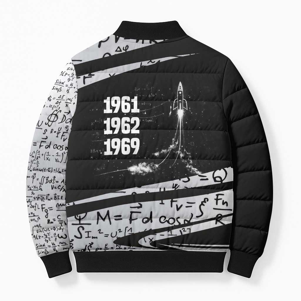 Katherine Johnson Bomber Puffer Jacket with Orbital Space Portrait, Historic NASA Launch Dates and Physics - African Pride