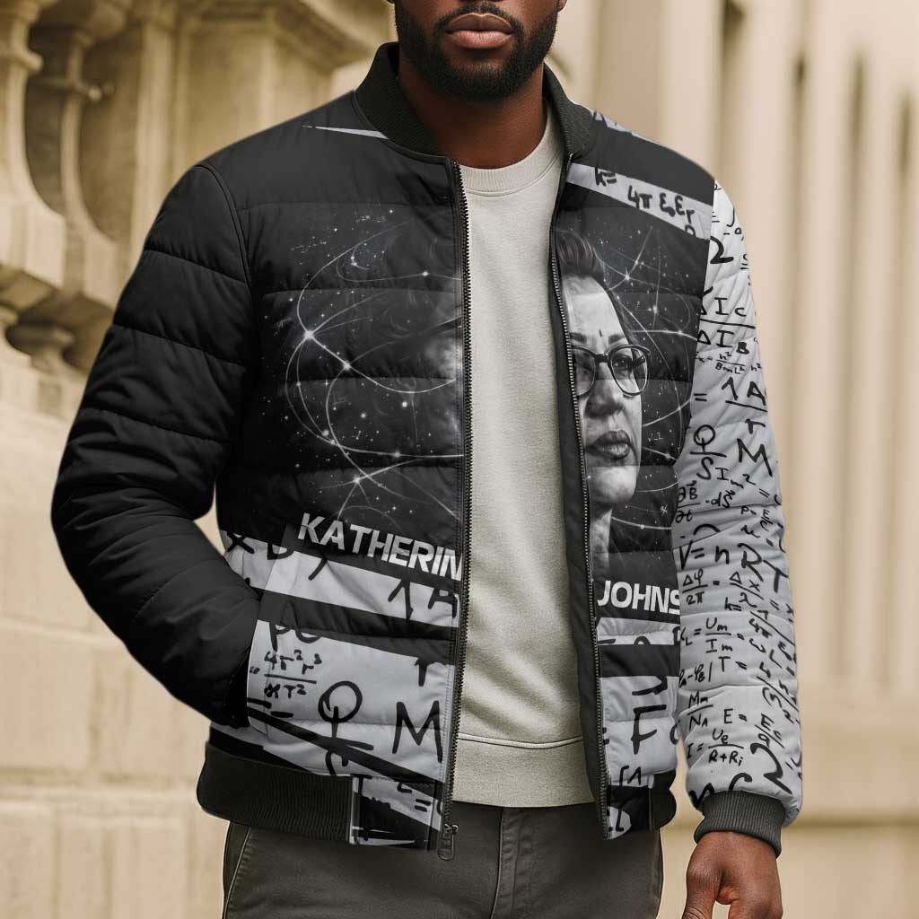 Katherine Johnson Bomber Puffer Jacket with Orbital Space Portrait, Historic NASA Launch Dates and Physics - African Pride