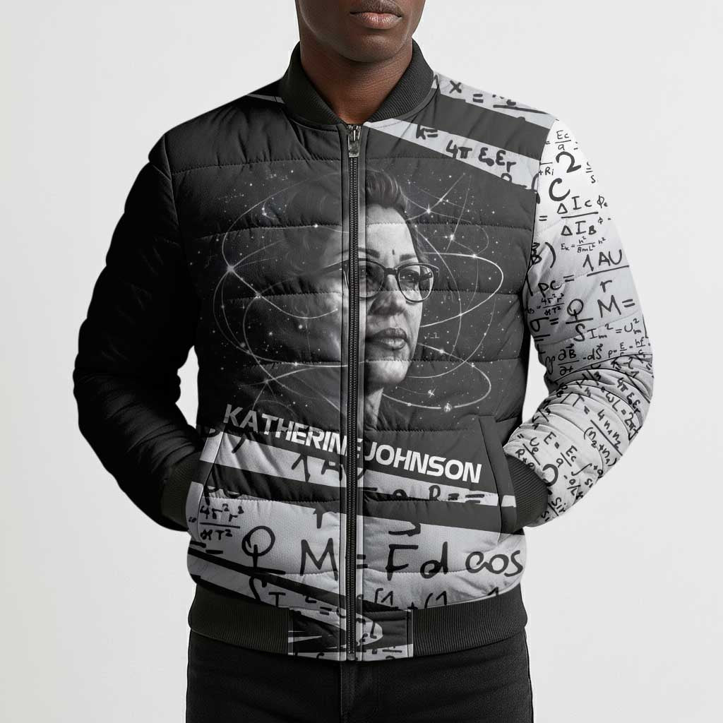 Katherine Johnson Bomber Puffer Jacket with Orbital Space Portrait, Historic NASA Launch Dates and Physics - African Pride