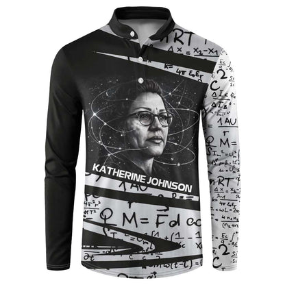Katherine Johnson Button Sweatshirt with Orbital Space Portrait, Historic NASA Launch Dates and Physics