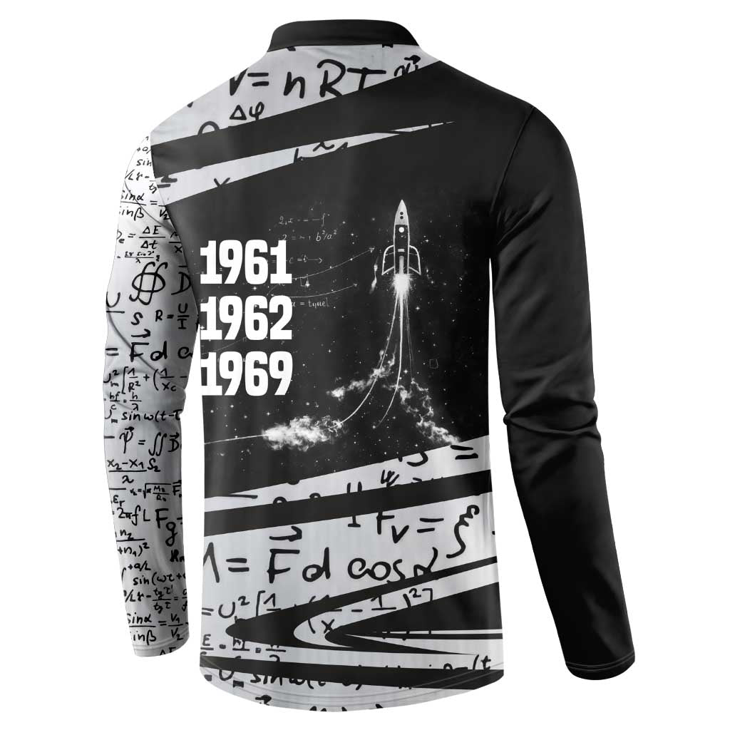 Katherine Johnson Button Sweatshirt with Orbital Space Portrait, Historic NASA Launch Dates and Physics