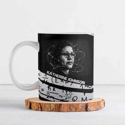 Katherine Johnson Ceramic Mug with Orbital Space Portrait, Historic NASA Launch Dates and Physics - African Pride