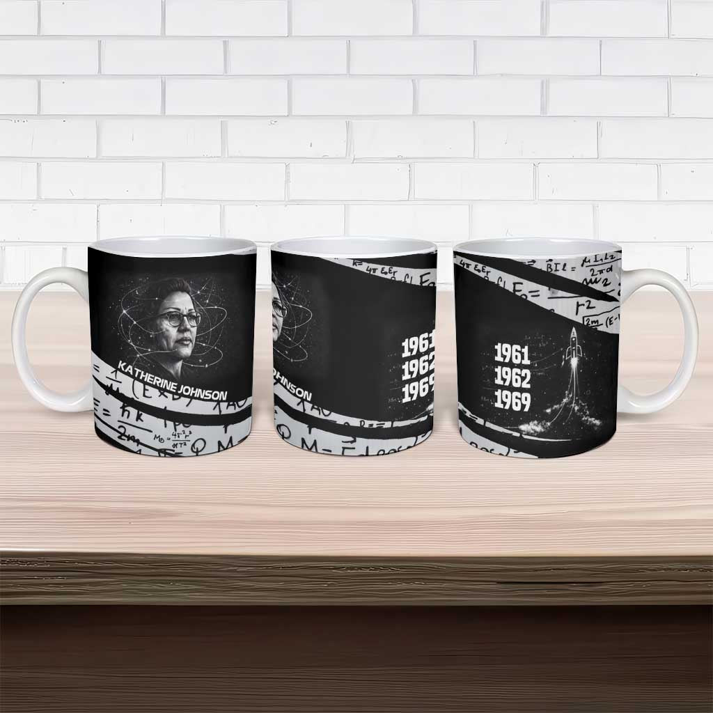 Katherine Johnson Ceramic Mug with Orbital Space Portrait, Historic NASA Launch Dates and Physics - African Pride