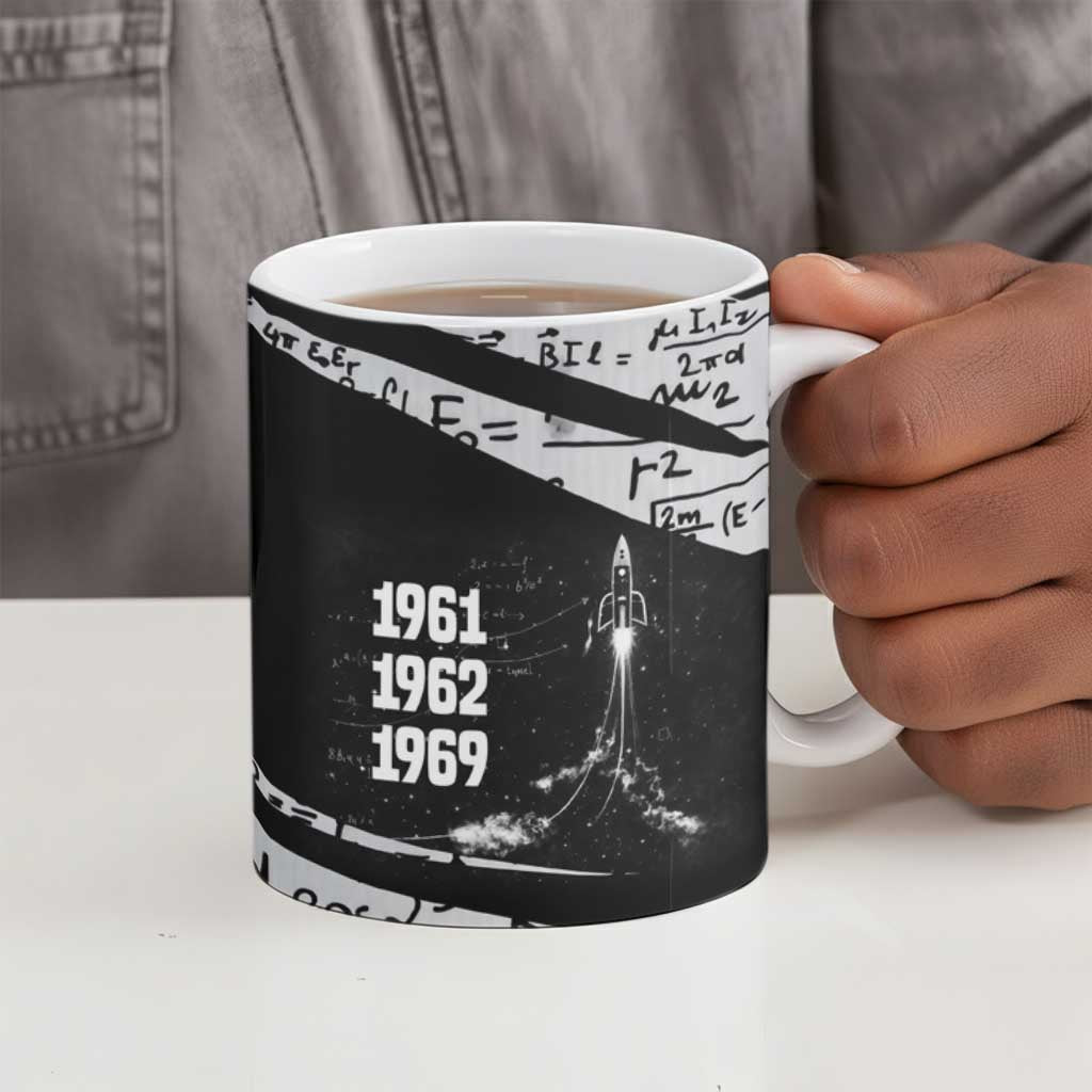 Katherine Johnson Ceramic Mug with Orbital Space Portrait, Historic NASA Launch Dates and Physics - African Pride