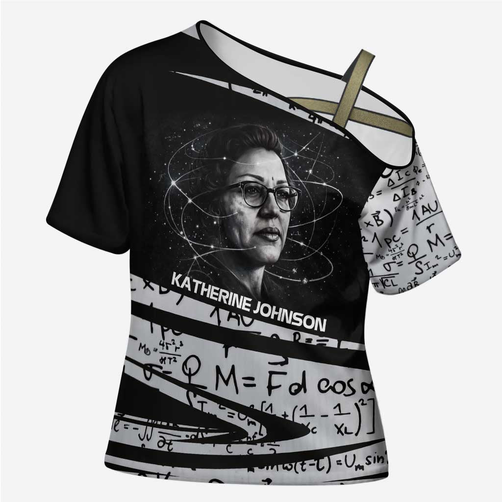 Katherine Johnson Cross Shoulder Shirt with Orbital Space Portrait, Historic NASA Launch Dates and Physics - African Pride