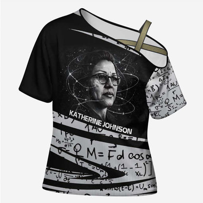 Katherine Johnson Cross Shoulder Shirt with Orbital Space Portrait, Historic NASA Launch Dates and Physics - African Pride