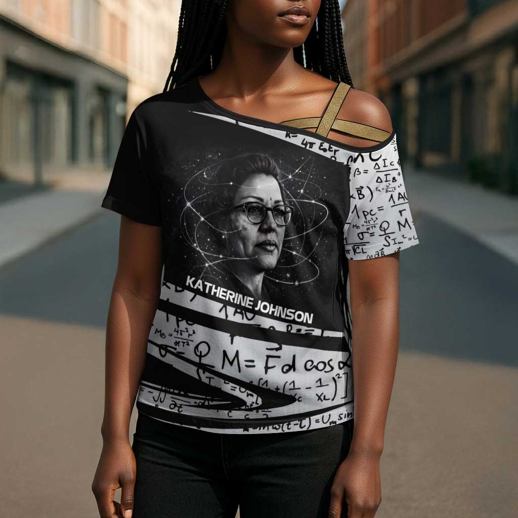 Katherine Johnson Cross Shoulder Shirt with Orbital Space Portrait, Historic NASA Launch Dates and Physics - African Pride