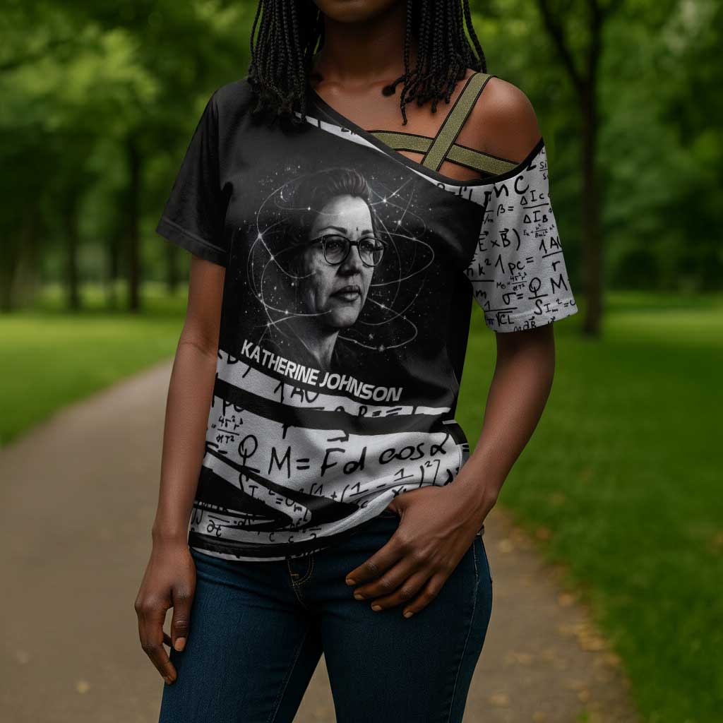 Katherine Johnson Cross Shoulder Shirt with Orbital Space Portrait, Historic NASA Launch Dates and Physics - African Pride