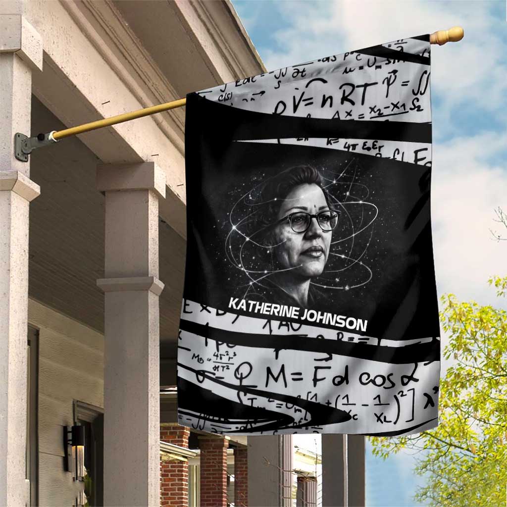 Katherine Johnson Garden Flag with Orbital Space Portrait, Historic NASA Launch Dates and Physics - African Pride