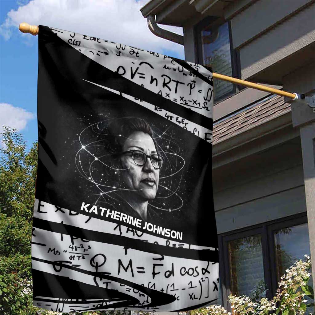 Katherine Johnson Garden Flag with Orbital Space Portrait, Historic NASA Launch Dates and Physics - African Pride