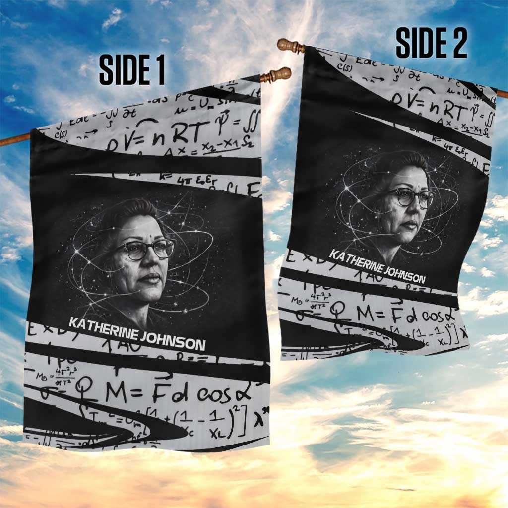 Katherine Johnson Garden Flag with Orbital Space Portrait, Historic NASA Launch Dates and Physics - African Pride