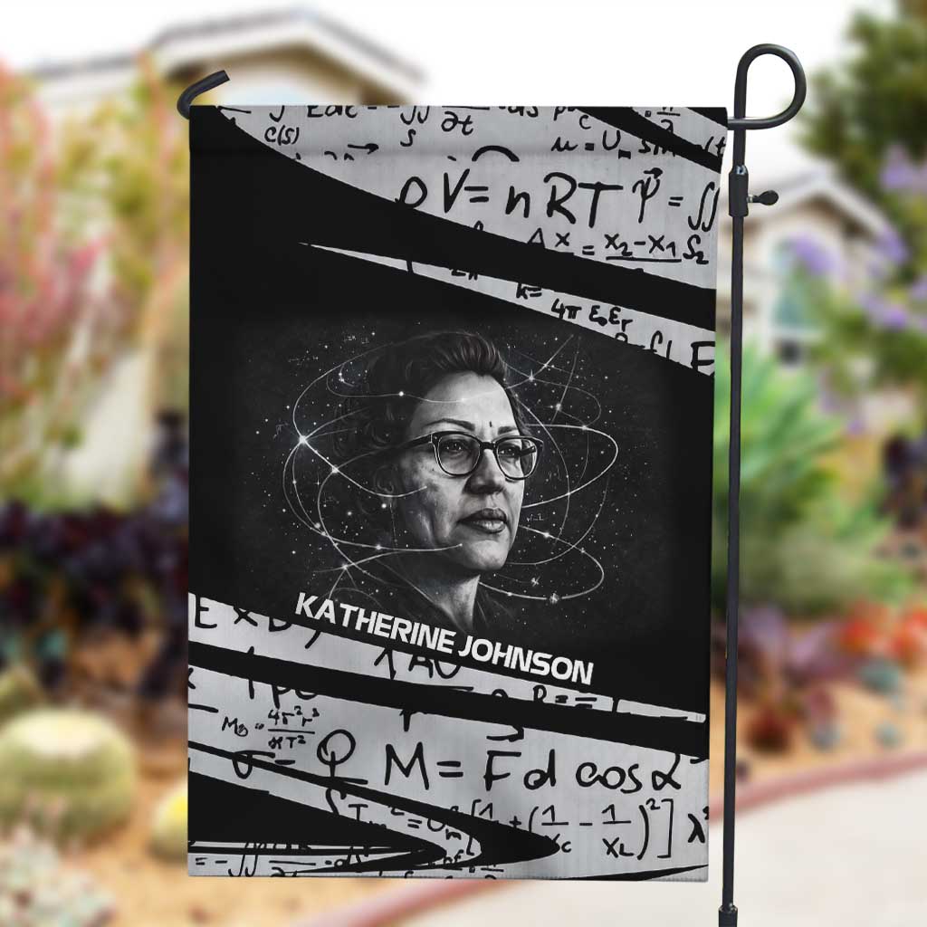 Katherine Johnson Garden Flag with Orbital Space Portrait, Historic NASA Launch Dates and Physics - African Pride