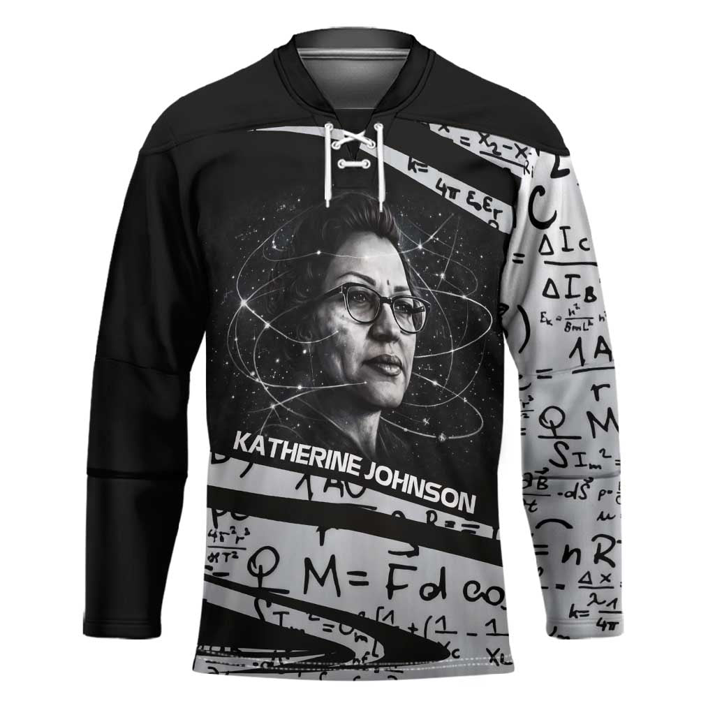 Katherine Johnson Hockey Jersey with Orbital Space Portrait, Historic NASA Launch Dates and Physics - African Pride