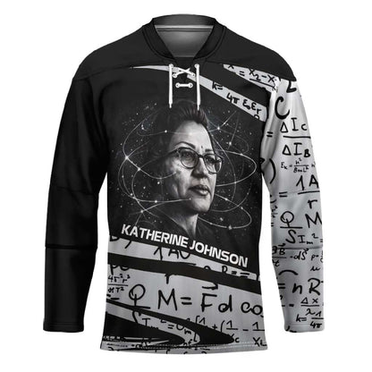 Katherine Johnson Hockey Jersey with Orbital Space Portrait, Historic NASA Launch Dates and Physics - African Pride