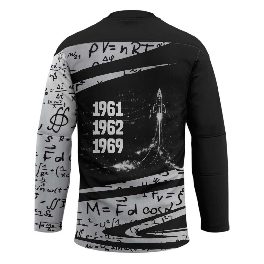 Katherine Johnson Hockey Jersey with Orbital Space Portrait, Historic NASA Launch Dates and Physics - African Pride