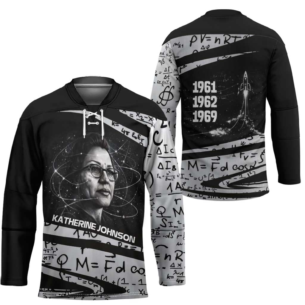 Katherine Johnson Hockey Jersey with Orbital Space Portrait, Historic NASA Launch Dates and Physics - African Pride