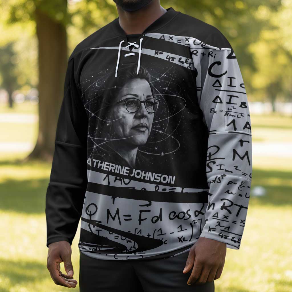 Katherine Johnson Hockey Jersey with Orbital Space Portrait, Historic NASA Launch Dates and Physics - African Pride