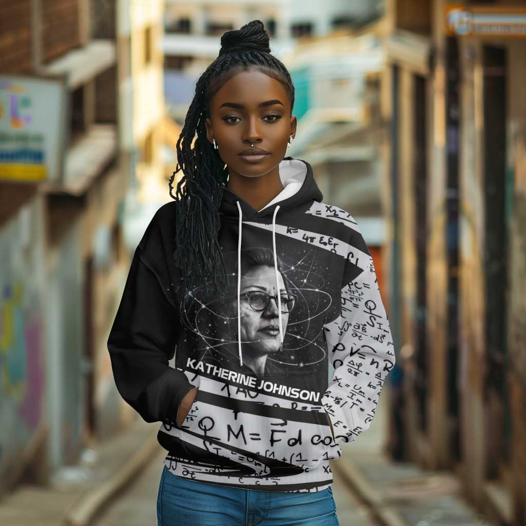 Katherine Johnson Hoodie with Orbital Space Portrait, Historic NASA Launch Dates and Physics - African Pride