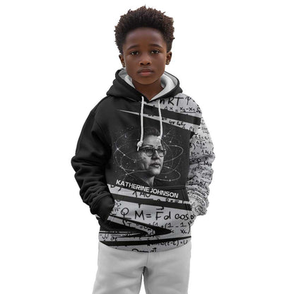 Katherine Johnson Kid Hoodie with Orbital Space Portrait, Historic NASA Launch Dates and Physics - African Pride