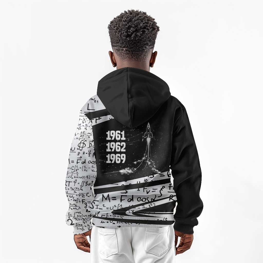 Katherine Johnson Kid Hoodie with Orbital Space Portrait, Historic NASA Launch Dates and Physics - African Pride