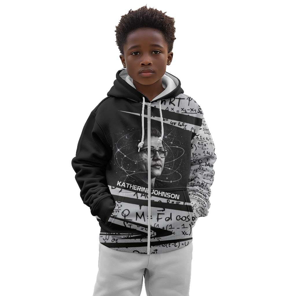 Katherine Johnson Kid Hoodie with Orbital Space Portrait, Historic NASA Launch Dates and Physics - African Pride