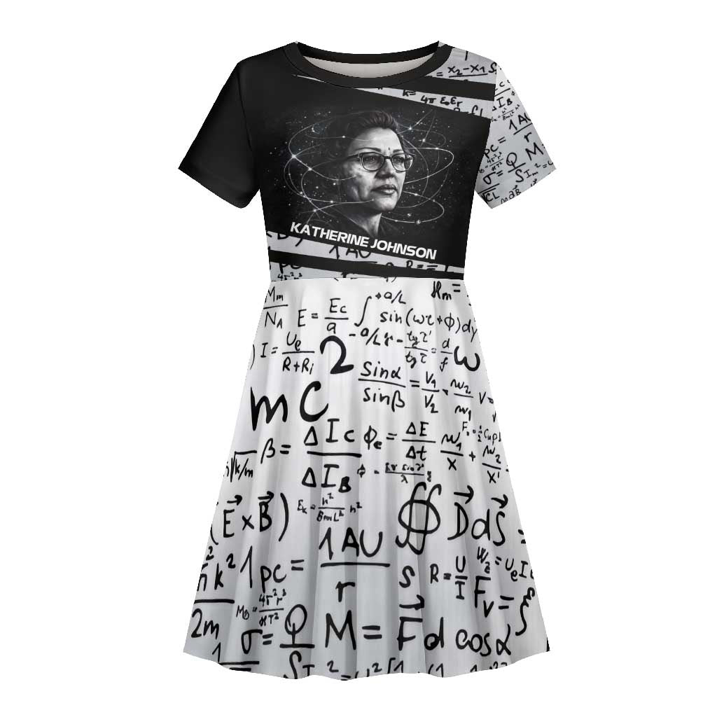 Katherine Johnson Kid Short Sleeve Dress with Orbital Space Portrait, Historic NASA Launch Dates and Physics - African Pride