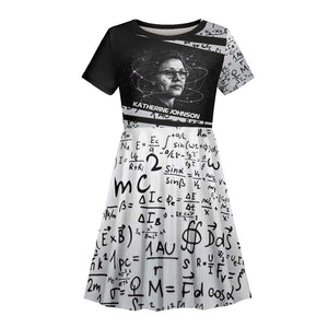 Katherine Johnson Kid Short Sleeve Dress with Orbital Space Portrait, Historic NASA Launch Dates and Physics - African Pride