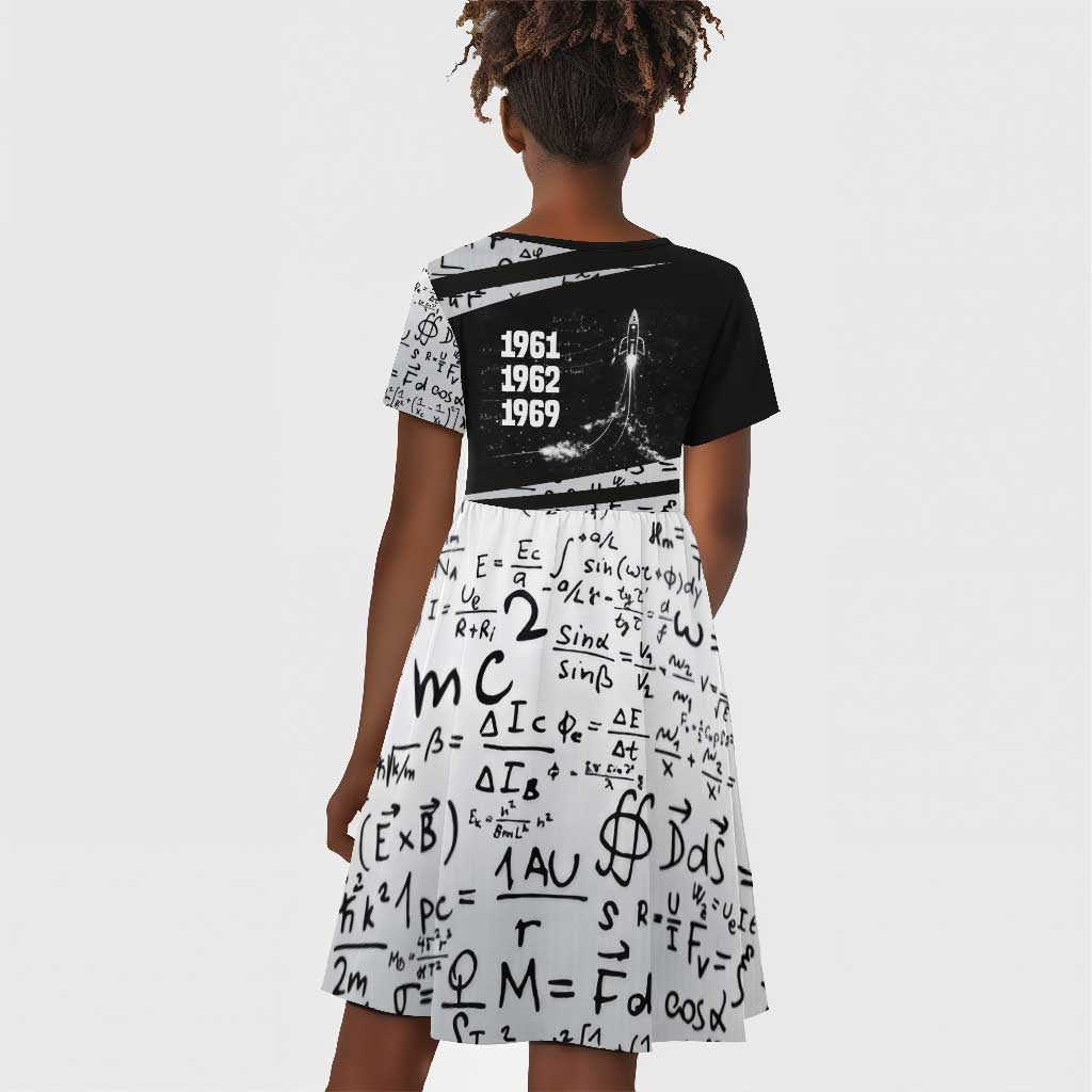 Katherine Johnson Kid Short Sleeve Dress with Orbital Space Portrait, Historic NASA Launch Dates and Physics - African Pride