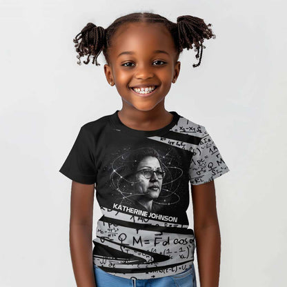 Katherine Johnson Kid T shirt with Orbital Space Portrait, Historic NASA Launch Dates and Physics - African Pride