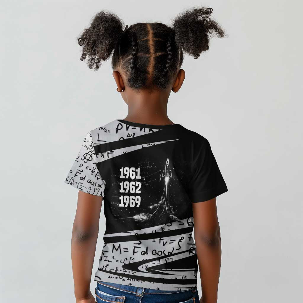 Katherine Johnson Kid T shirt with Orbital Space Portrait, Historic NASA Launch Dates and Physics - African Pride