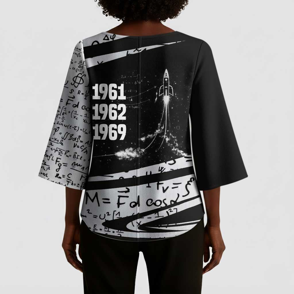 Katherine Johnson Kimono Sleeve Blouse with Orbital Space Portrait, Historic NASA Launch Dates and Physics - African Pride
