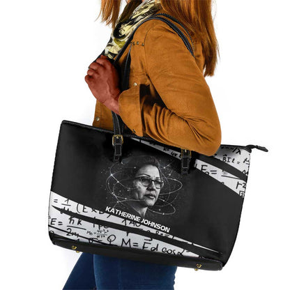 Katherine Johnson Leather Tote Bag with Orbital Space Portrait, Historic NASA Launch Dates and Physics - African Pride
