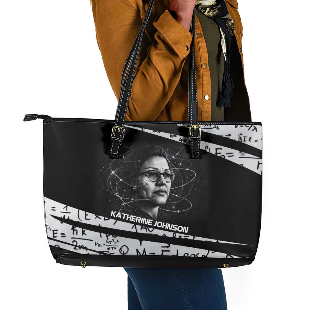 Katherine Johnson Leather Tote Bag with Orbital Space Portrait, Historic NASA Launch Dates and Physics - African Pride