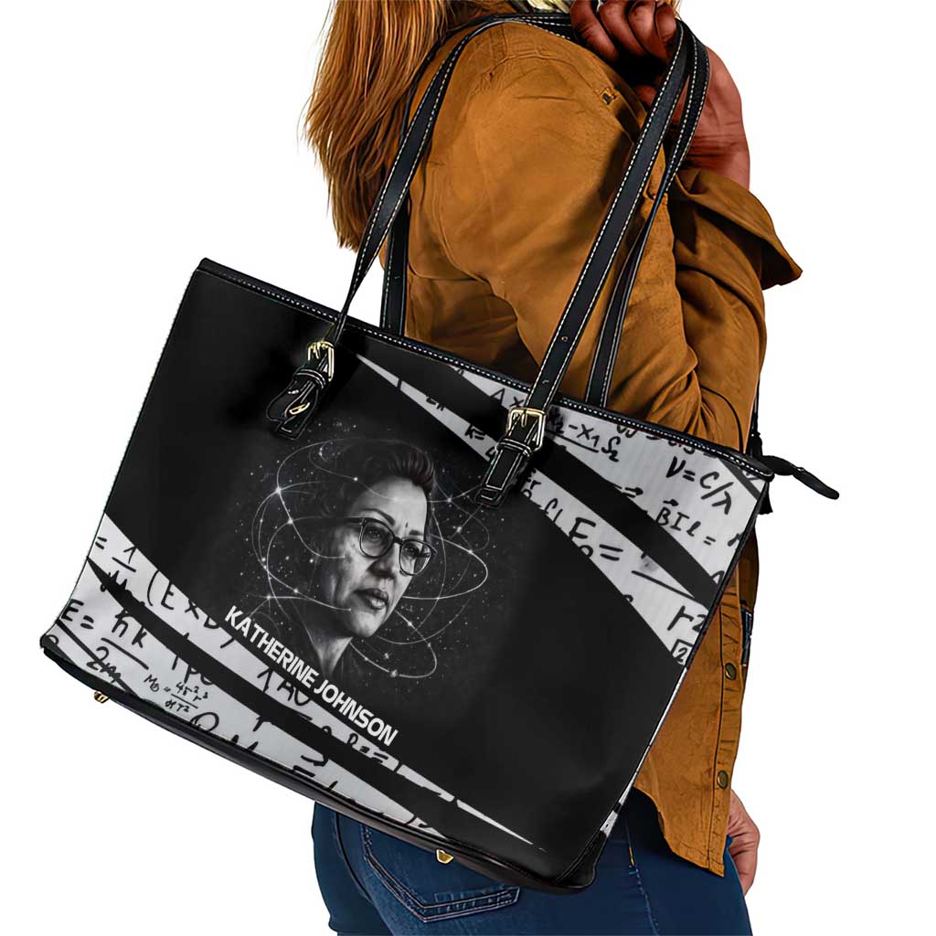 Katherine Johnson Leather Tote Bag with Orbital Space Portrait, Historic NASA Launch Dates and Physics - African Pride