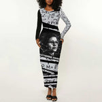 Katherine Johnson Long Sleeve Bodycon Dress with Orbital Space Portrait, Historic NASA Launch Dates and Physics - African Pride