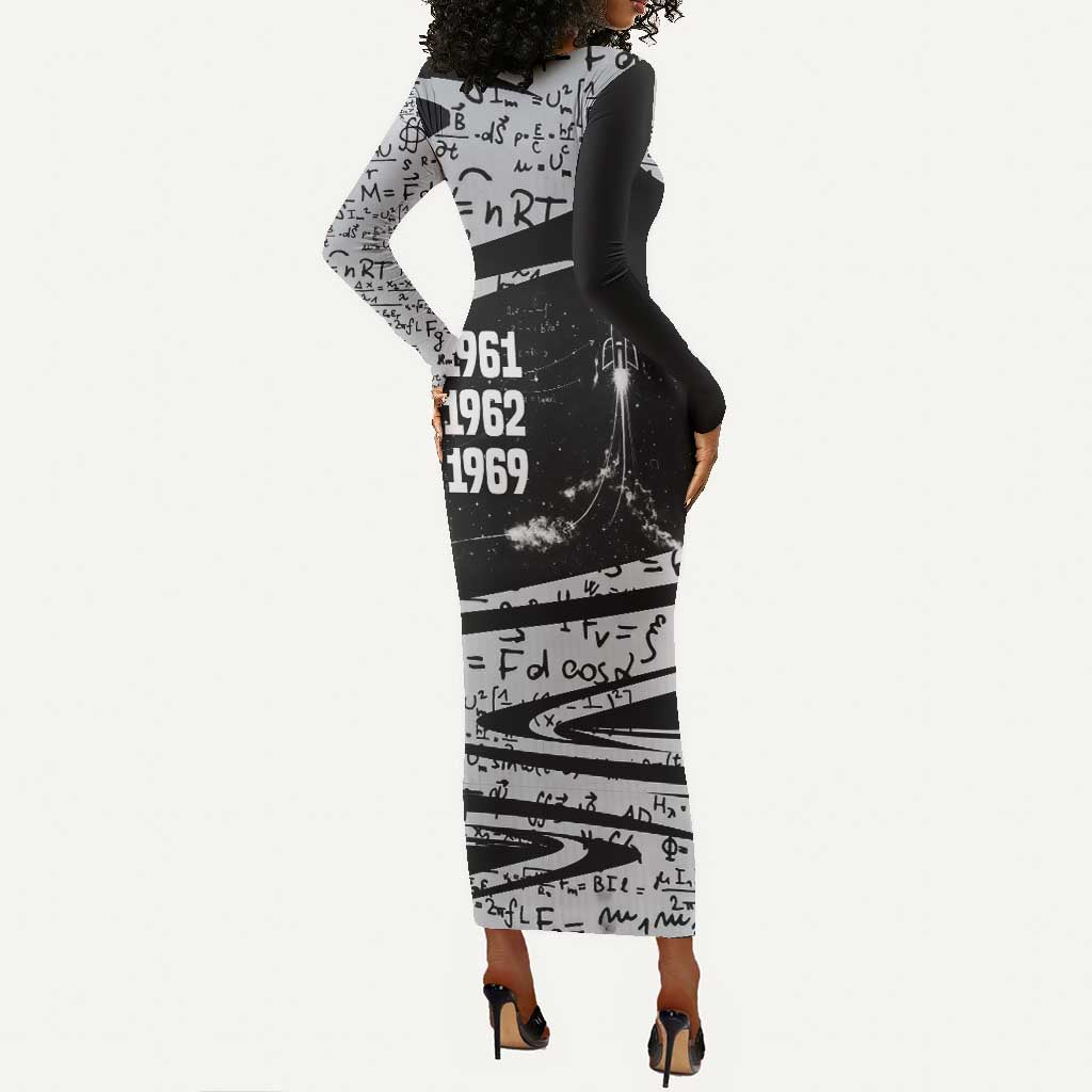 Katherine Johnson Long Sleeve Bodycon Dress with Orbital Space Portrait, Historic NASA Launch Dates and Physics - African Pride