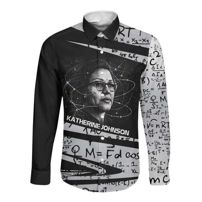 Katherine Johnson Long Sleeve Button Shirt with Orbital Space Portrait, Historic NASA Launch Dates and Physics - African Pride