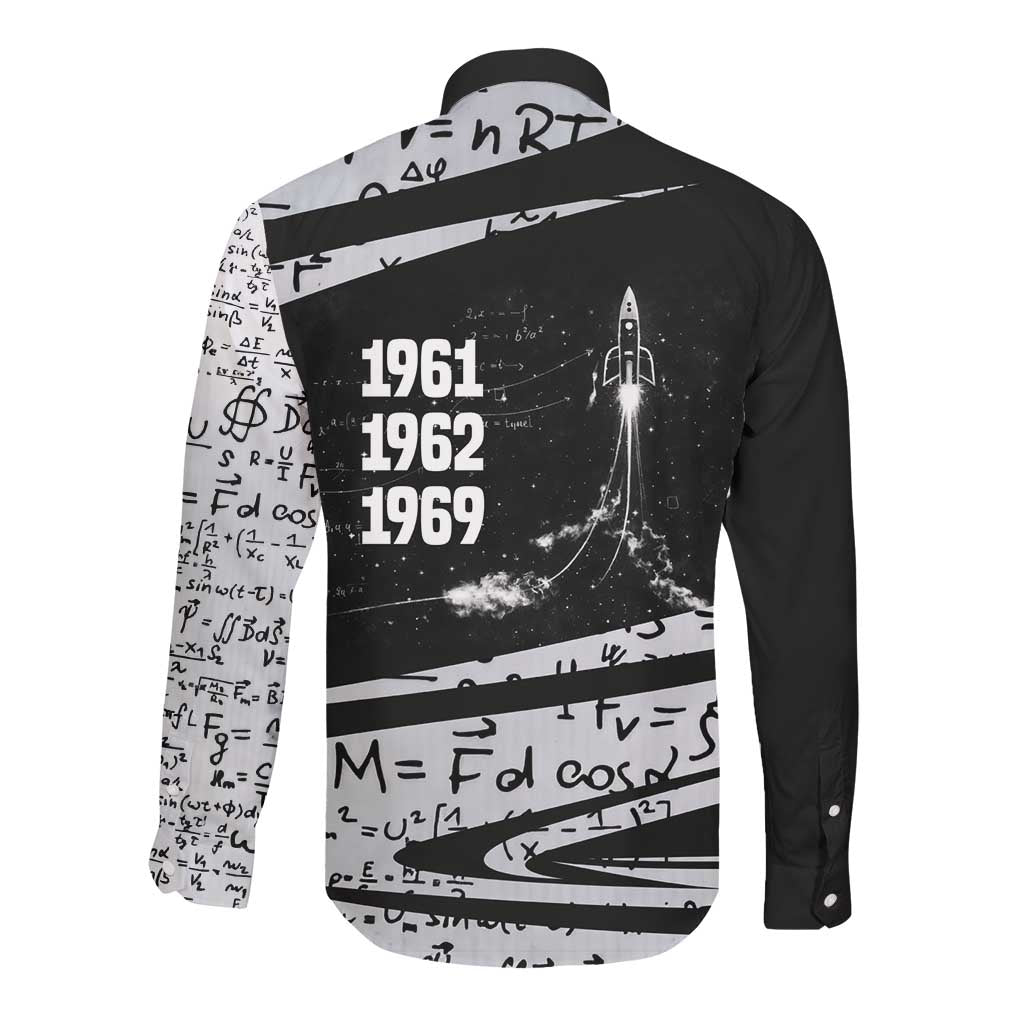 Katherine Johnson Long Sleeve Button Shirt with Orbital Space Portrait, Historic NASA Launch Dates and Physics - African Pride