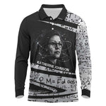 Katherine Johnson Long Sleeve Polo Shirt with Orbital Space Portrait, Historic NASA Launch Dates and Physics - African Pride